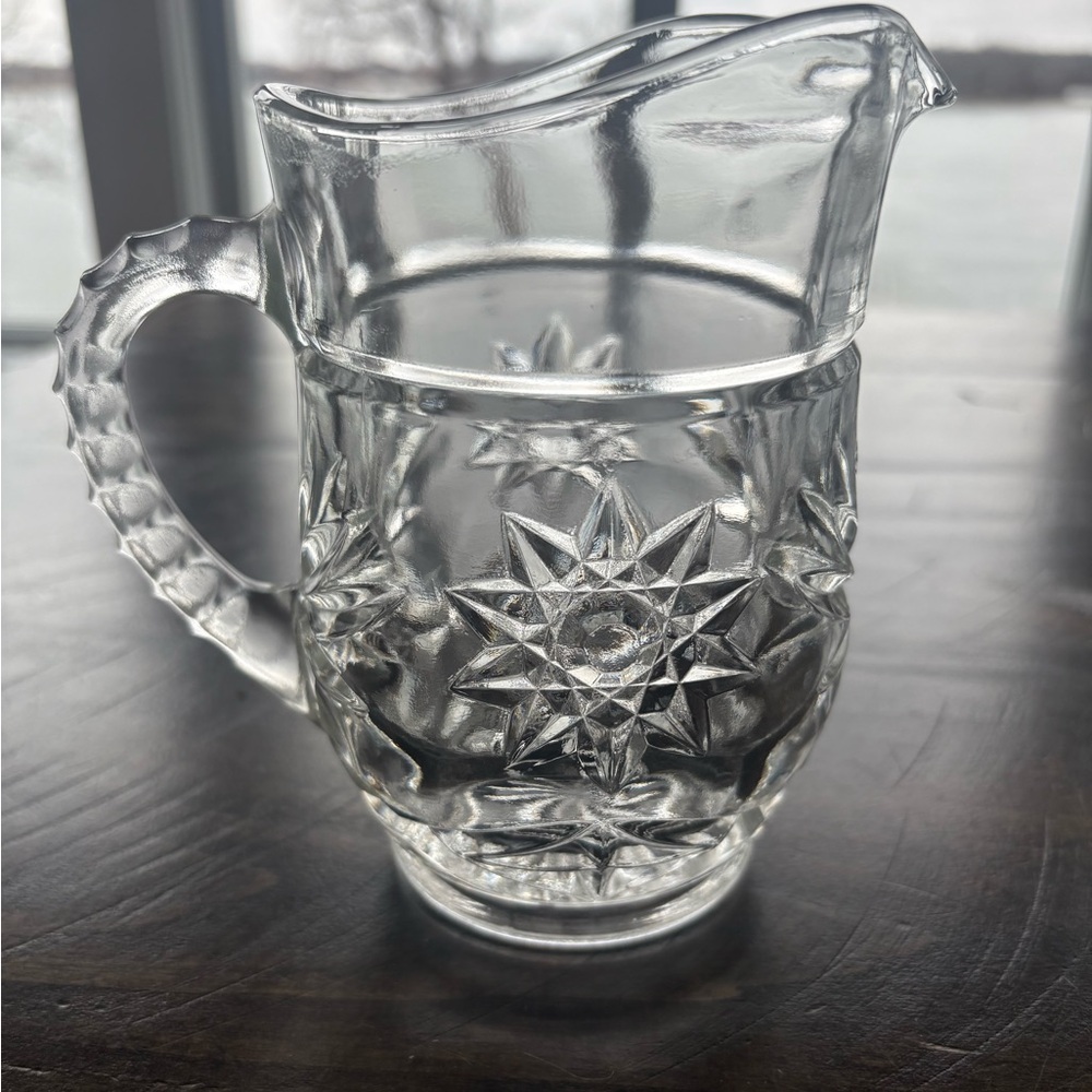 Clear EAP Glass Pitcher with Starburst, Star of David, Pressed Star Pattern